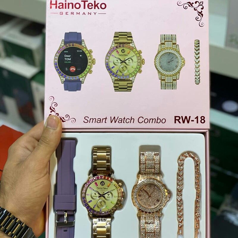 پک ساعت هوشمند و ساعت زنانه فول نگین و دستبند شرکتی هاینو تکو smart  watch pack