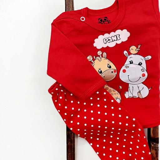 لباس نوزادی و بچگانه بچه گانه ی بلوز و شلوار زرافه قرمز