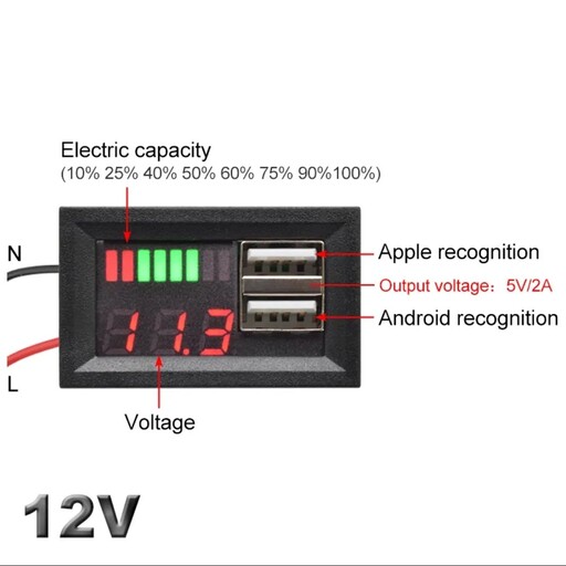 ماژول نمایش شارژ باطری خودرویی همراه با شارژر USB