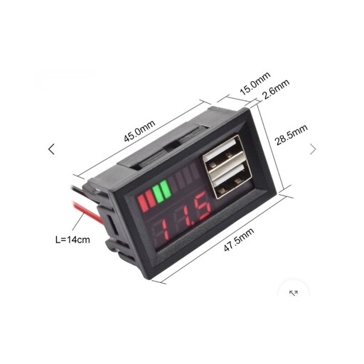 ماژول نمایش شارژ باطری خودرویی همراه با شارژر USB