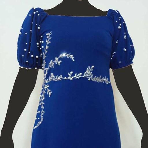 لباس  مجلسی زنانه شیک  میدی  آبی کاربنی اپلیکه و مروارید دوزی شده قابل سفارش در رنگبندی و سایزبندی