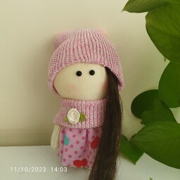 عروسک روسی 15 سانتی دخترانه، شال و کلاه  صورتی و لباس صورتی قلب دار، کد 102