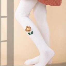 جوراب شلواری دخترانه ضخیم طرح گل  شیری رنگ سایز صفر تا 5 مناسب 6ماه تا 6 سال