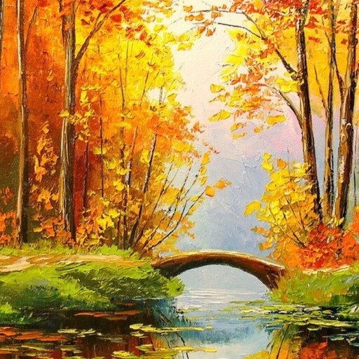 تابلو نقاشی رنگ و روغن  پاییز  رودخانه و پل روی بوم 