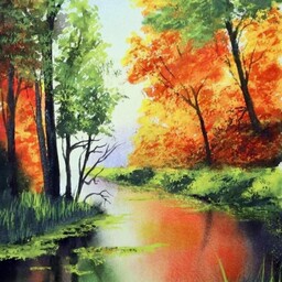 تابلو نقاشی رنگ و روغن پاییز رودخانه روی بوم