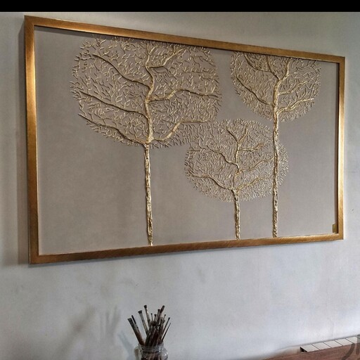 تابلو ورق طلا طرح درختان سربه فلک کشیده ابعاد120در100 به همراه قاب