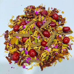 چای میوه ای اعلا (200گرمی). ترکیبات(به.سیب.دارچین.بهارنارنج.گل محمدی.هل معطر.عناب).