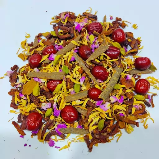 چای میوه ای اعلا (200گرمی). ترکیبات(به.سیب.دارچین.بهارنارنج.گل محمدی.هل معطر.عناب).