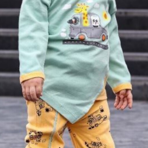 لباس نوزادی لباس بچگانه بچه گانه بلوزشلوار پسرانه پاییزه طرح اتوبوس حیوانات