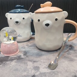 ماگ سرامیکی درب دار مدل خرس و ماهی به همراه قاشق مناسب انواع نوشیدنی های سرد و گرم