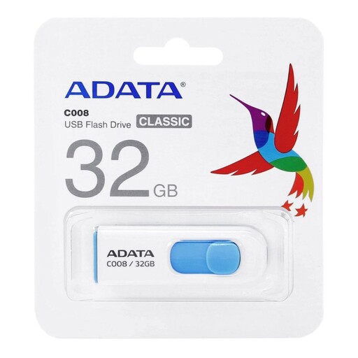فلش مموری ADATA  ای دیتا USB 2.0 رنگ سفید ابی با ظرفیت 32 گیگابایت با گارانتی مادام العمر آونگ 