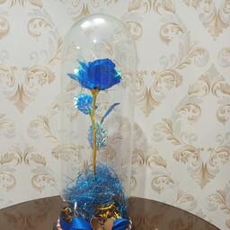 گل رز آبی تک شاخه با باکس شیشه ای