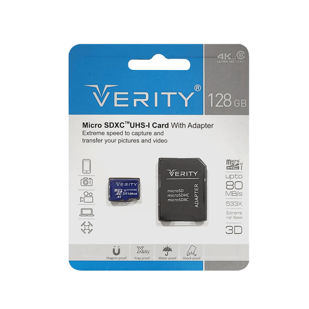 کارت حافظه microSD وریتی مدل U3 سرعت 80MBps ظرفیت 128 گیگابایت به همراه آداپتور SD