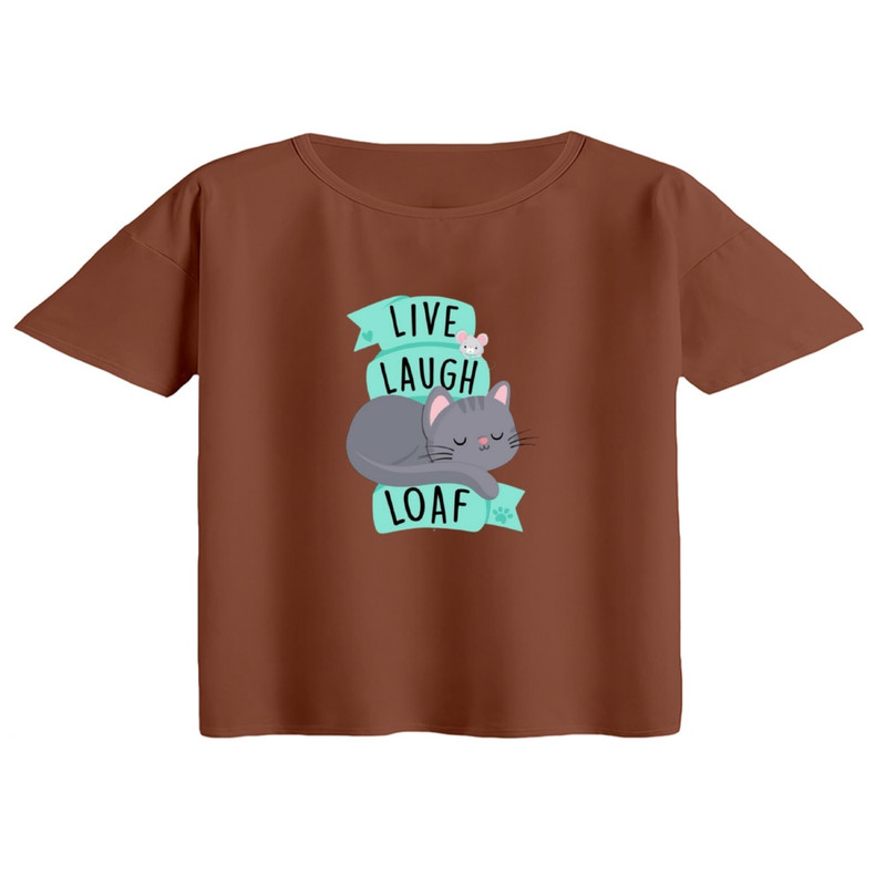 کراپ تی‌شرت آستین کوتاه زنانه مدل سخن گربه رنگ دارچینی