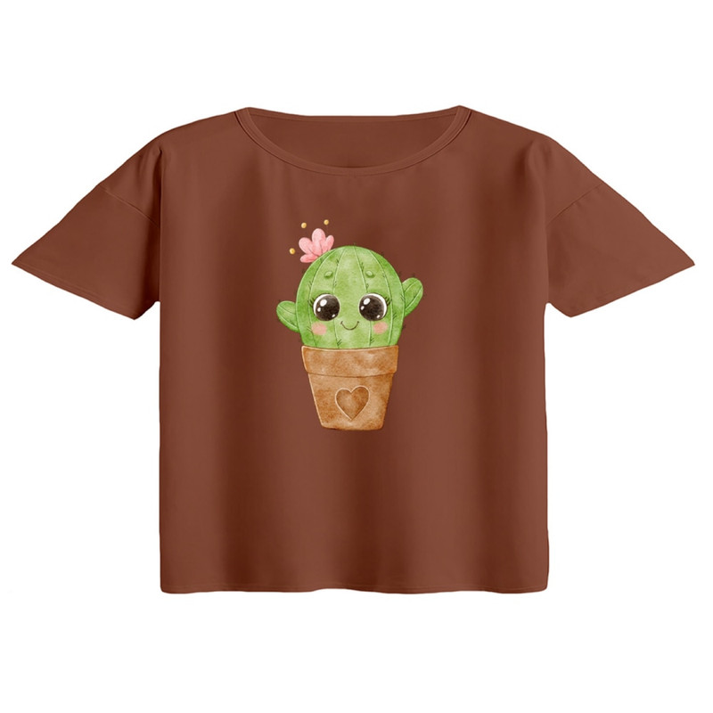 کراپ تی‌شرت آستین کوتاه زنانه مدل کاکتوس کوچولو