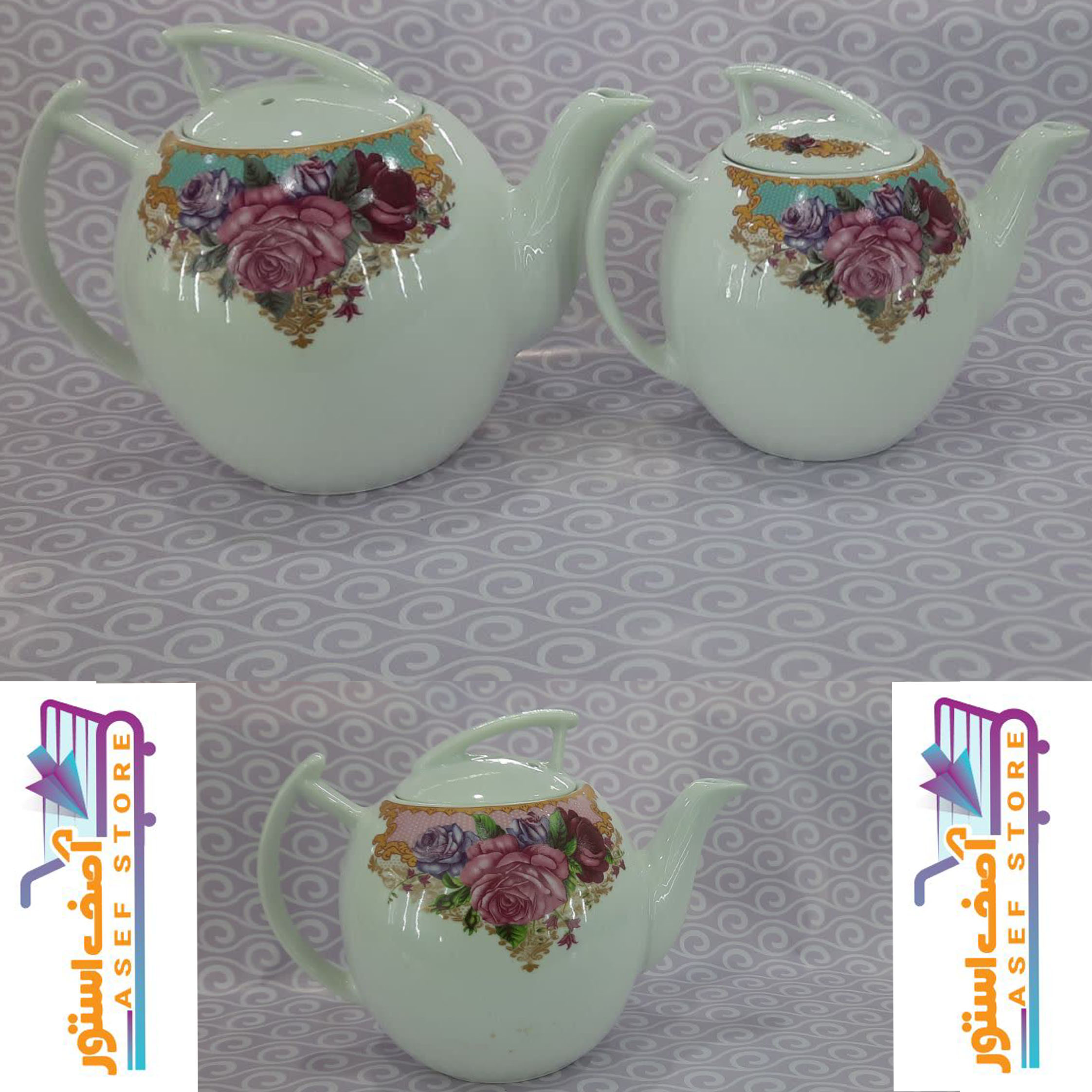 قوری چینی طرح کاترین فیروزه در دو سایز