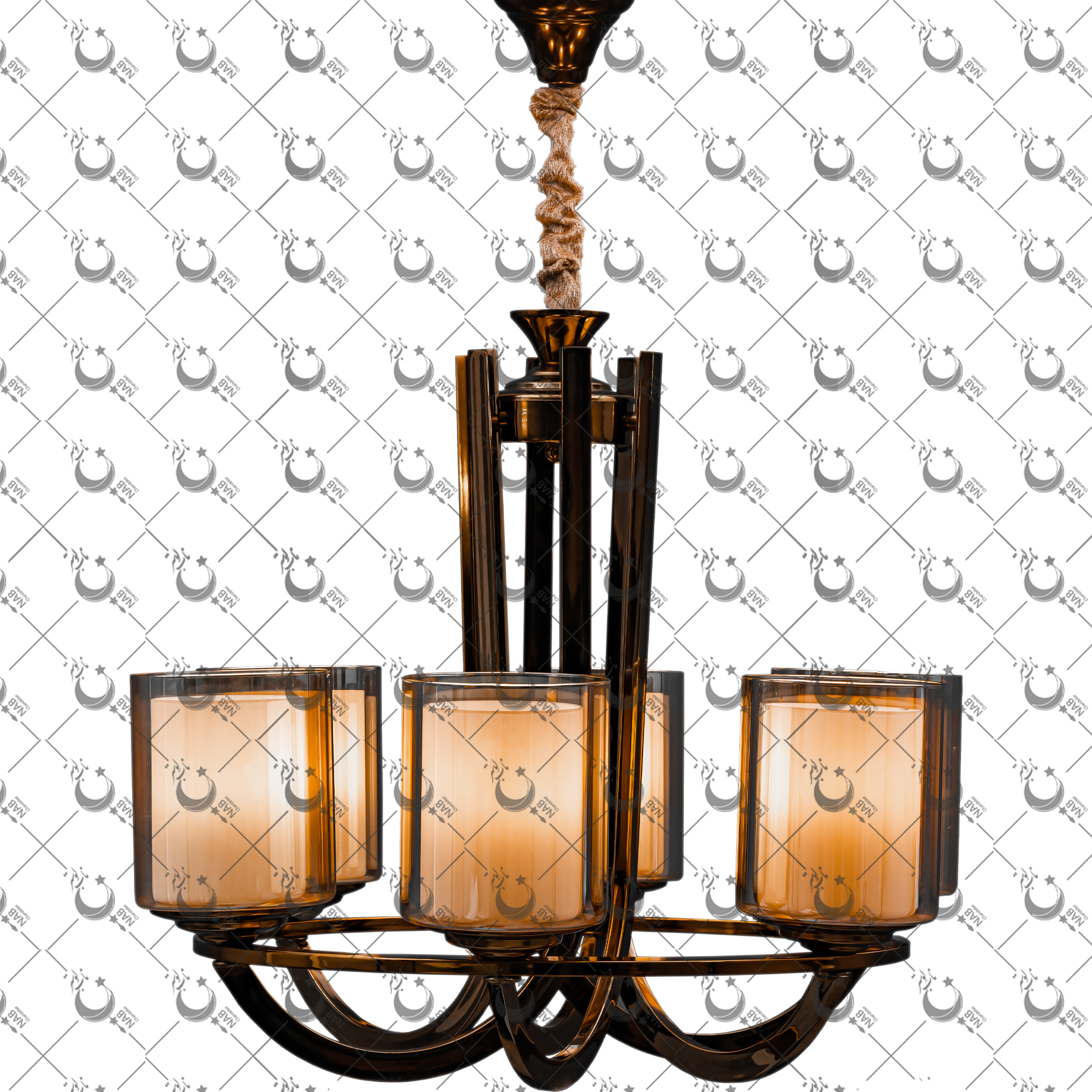 لوستر تک رینگ 6 شعله نئوکلاسیک ناب لوستر: حباب استوانه‌ای دوگلس، قطر 47 سانتی‌متر و ارتفاع قابل تنظیم