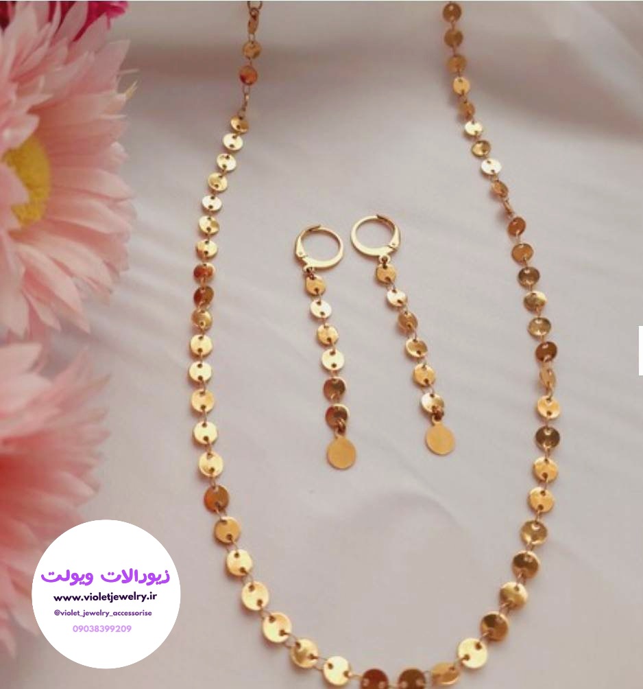 نیم ست زنانه پولکی رنگ طلایی جنس استیل رنگ ثابت دارای گوشواره آویز کد 3556