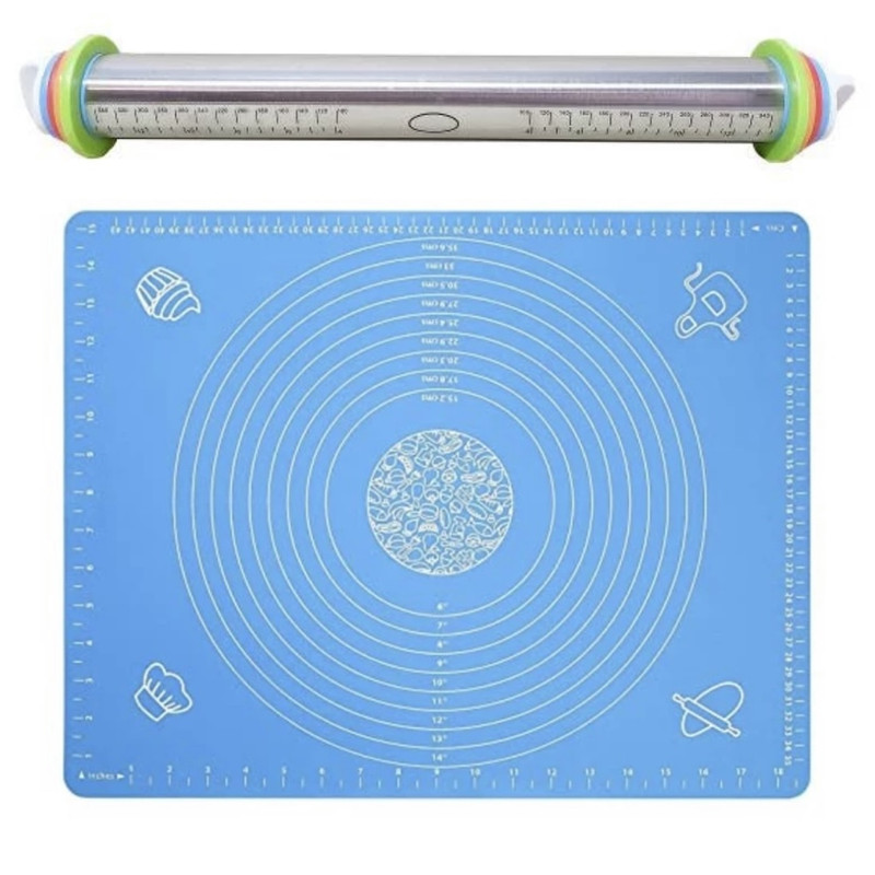 ابزار تزیین کیک مدل وردنه استیل مدرج و صفحه شیرینی پزی مجموعه 2 عددی