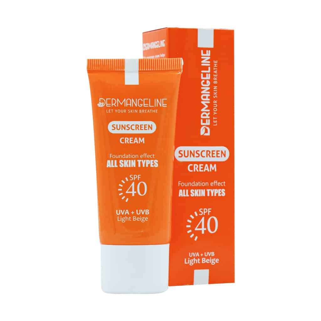 ضد آفتاب کرم پودری SPF40 انواع پوست بژ روشن درم انجلین Sunscreen Cream Foundation Effect SPF40 All Skin Types Dermang...