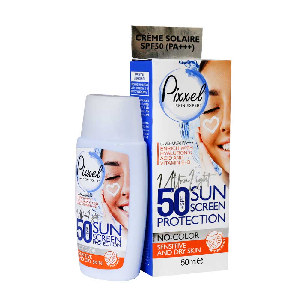 کرم ضدآفتاب SPF50 بی رنگ پوست خشک و حساس پیکسل 50 میلی لیتر Pixxel