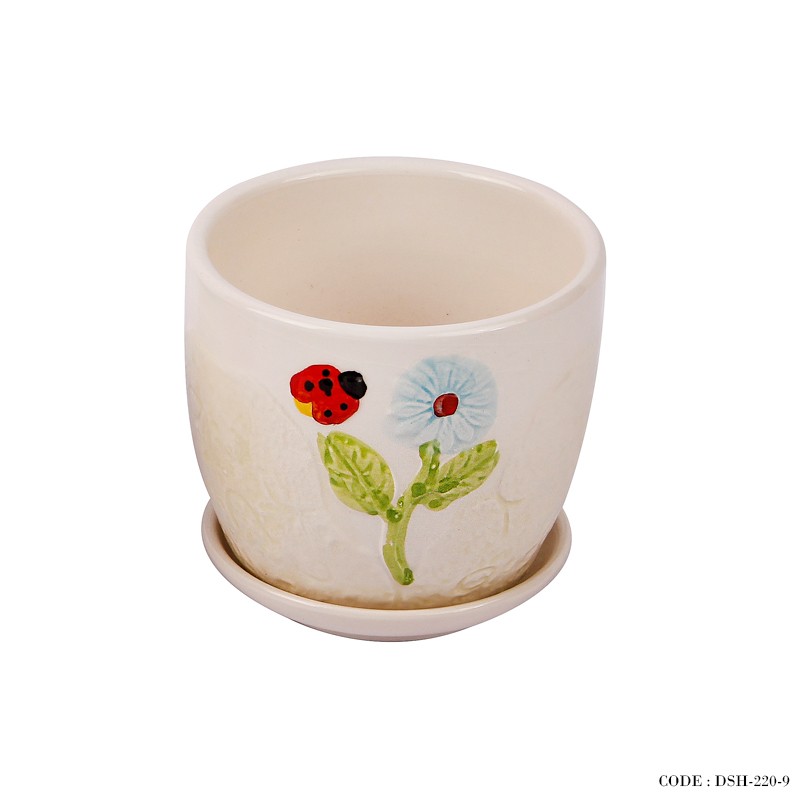 گلدان و زیر گلدانی گل طبیعی سرامیکی طرح کفشدوزک