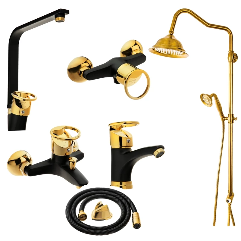 ست شیرآلات مشکی طلایی النگویی همراه علم دوش شیپوری و شلنگ توالت