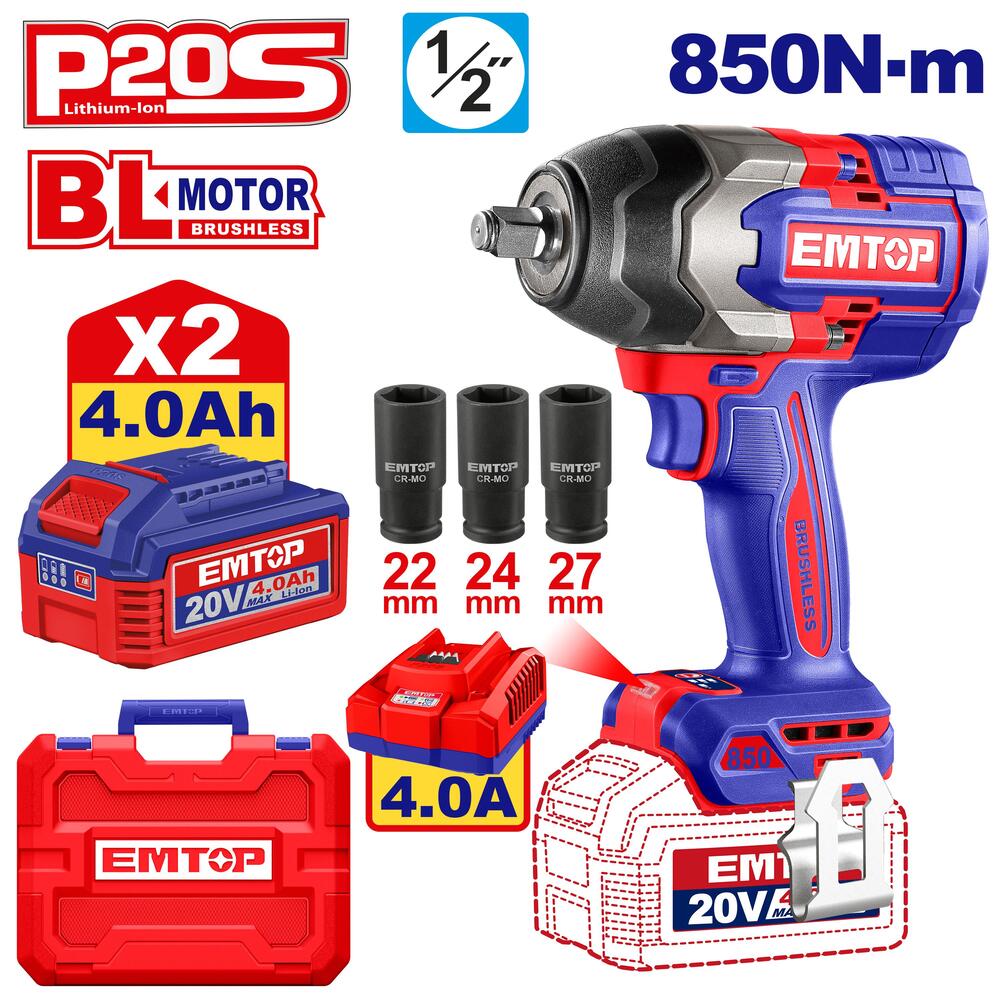 آوانور آچار بکس شارژی ضربهای EMTOP مدل ECIWL2085  20 ولت، موتور براشلس، گشتاور 850Nm آوانور