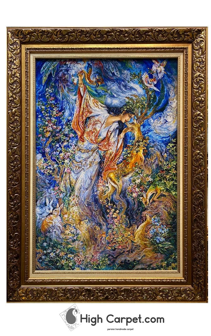 تابلو فرش دستبافت مینیاتور بوسه بر آهو استاد فرشچیان  کد038355