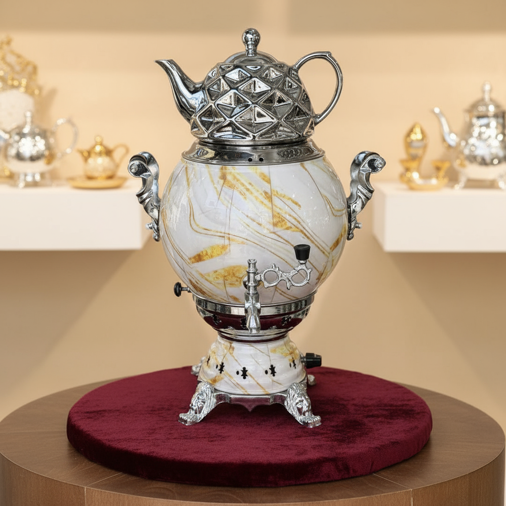 سماور گازی 6لیتری بدون تنوره 3کاره طرح سنگی (4) مدل نارون نقره ای با 12ماه ضمانت