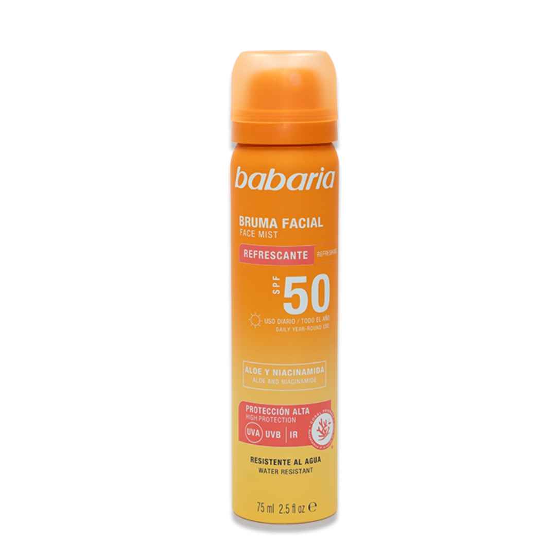 اسپری ضد آفتاب صورت باباریا حاوی SPF 50 و آلوئه ورا و نیاسینامید حجم 75 میل