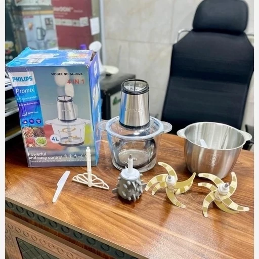 خردکن دوقلو فیلیپس- ظرفیت 4+4 لیتری- 6+6 تیغه تیتانیوم طلایی همراه با سیر پوست کن و همزن-3 کاره- قدرت 3000W وات- مدل SLj