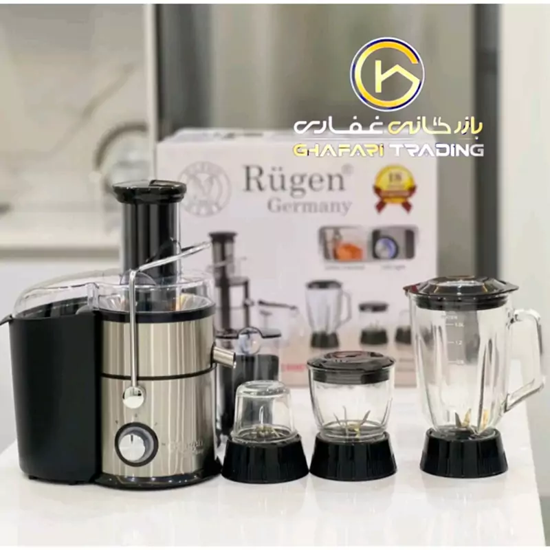 آبمیوه گیری داری مخلوط کن و آسیاب و خردکن روگن 4کاره دارای متور 1200واتی قدرتمند و داری تیغه های با کیفیت بالا ضد زنگ 