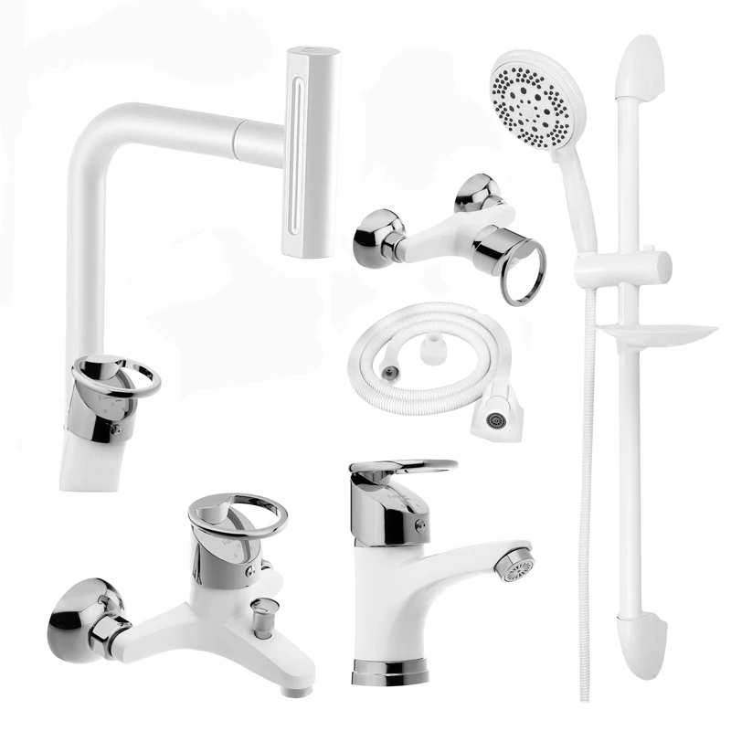 ست شیرآلات مدل النگویی آبشاری چهارحالته سفید کروم با علم دوش حمام و شلنگ توالت