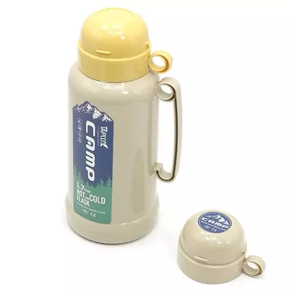 فلاسک دو فنجان داخل شیشه ظرفیت یک لیتر برند تاپکو کیفیت عالی قابلیت نگهداری اب گرم و سرد تا 12 ساعت 