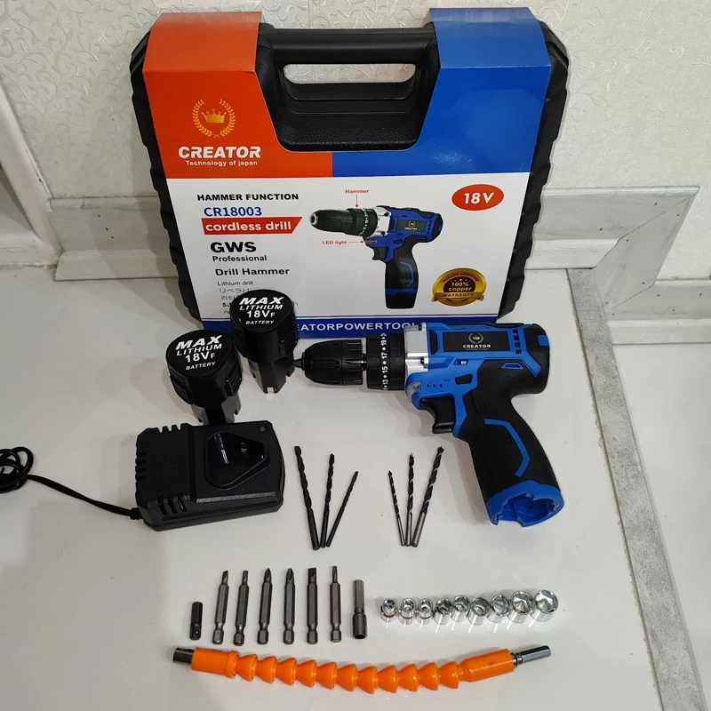 دریل شارژی 18 ولت چکشی کریتور مدل CR18003 دوباتری همراه لوازم کامل و کیف حمل پیچگوشتی شارژی 18 ولت کریتور