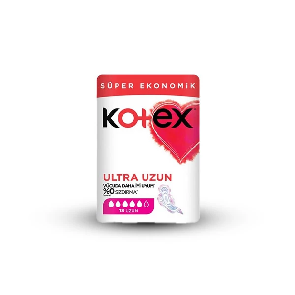 نوار بهداشتی بلند کوتکس مدل ULTRA UZUN با قابلیت جذب خیلی بالا بسته 18 عددی kotex
