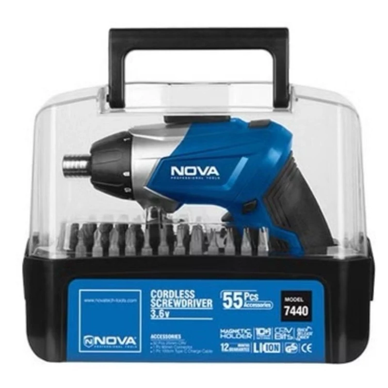 کیت پیچ گوشتی شارژی تاشو 3.6 ولت 55 پارچه نووا مدل 7440 (12 ماه گارانتی)