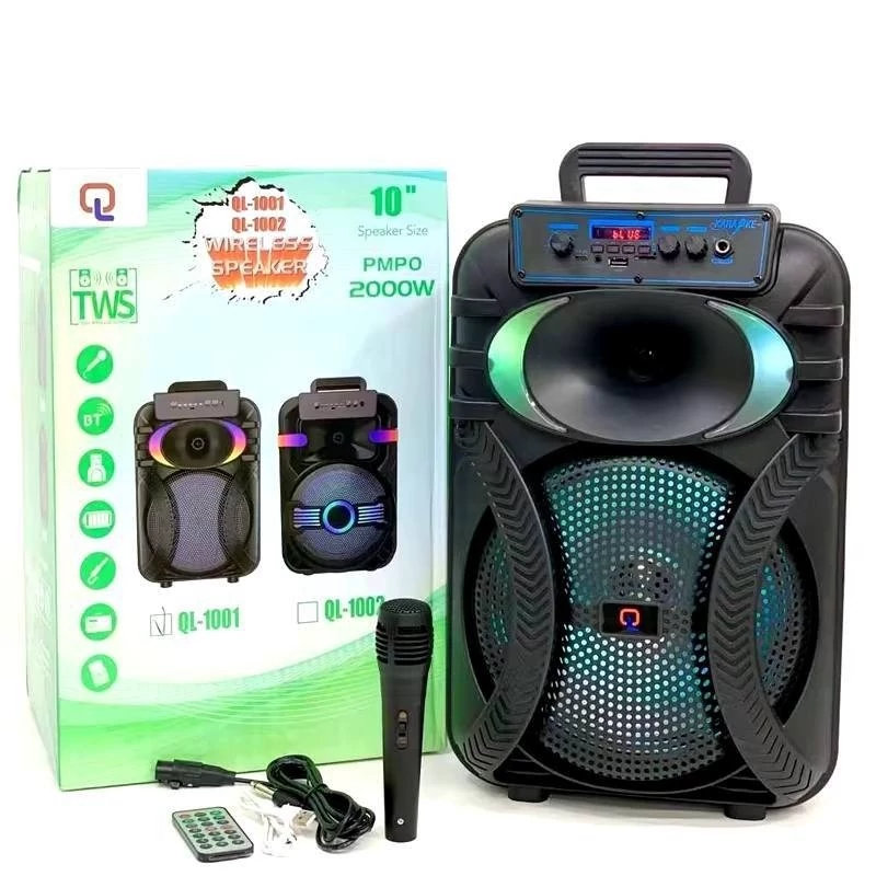 اسپیکر سایز برزگ مدل QL1001  مشخصات محصول سایز12 اینج رم و فلاش خورر  بلوتوث دار  رقص نور دار  میکروفون دار