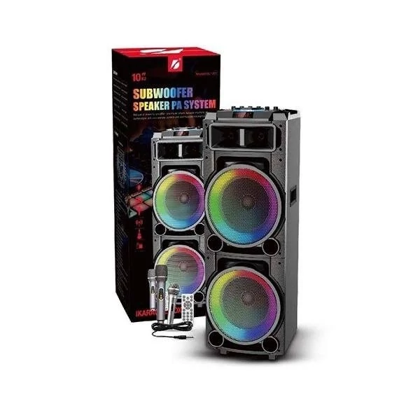 اسپیکر مدل 1707 KTS دو ساب 10 اینچ یک میکروفون سیم دار یک میکروفون بیسیم غول بشدت زیبا و با کیفیت