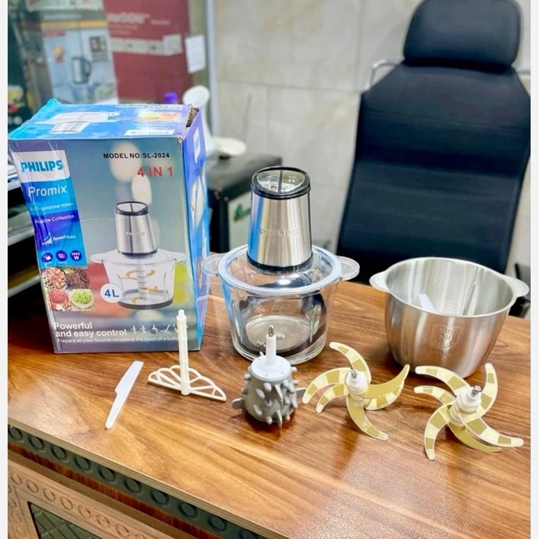 خردکن دوقلو فیلیپس- ظرفیت 4+4 لیتری- 6+6 تیغه تیتانیوم طلایی همراه با سیر پوست کن و همزن-3 کاره- قدرت 3000W وات- مدل SL2