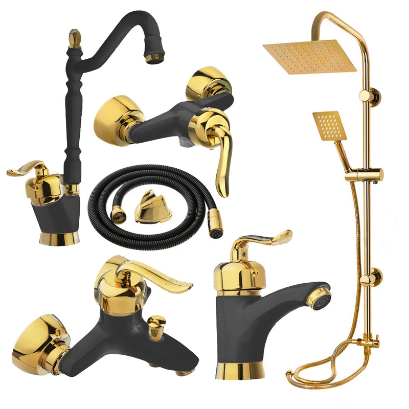 ست شیرآلات مدل قاصدک مشکی طلایی مجموعه 6 عددی