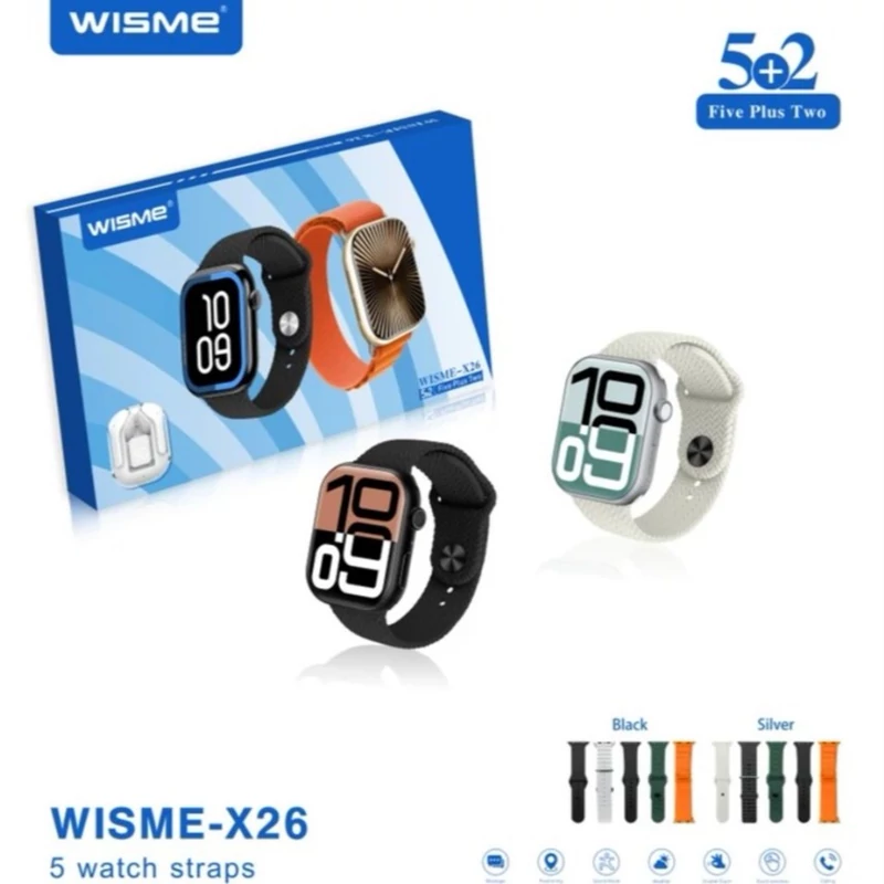 ساعت هوشمند مدل WISME-X26 به همراه ایرپاد شیشه ای و 5 بند جذاب (پس کرایه)