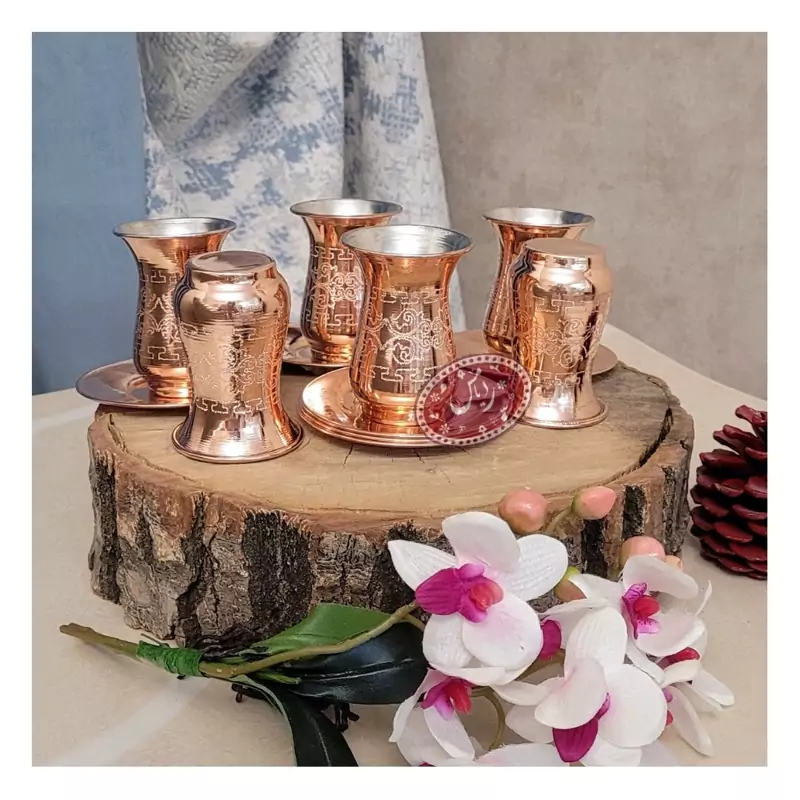 فنجان و نعلبکی مسی - مدل کمرباریک - طرحدار سندبلاس - نانو شده - فروشگاه مس لادن زنجان