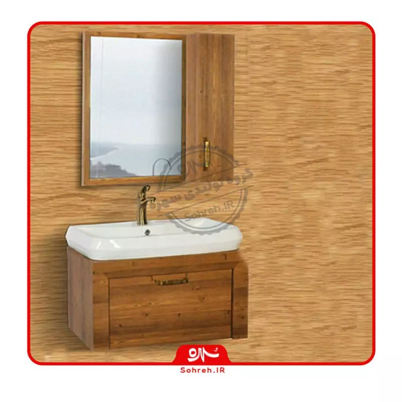 روشویی کابینتی طرح چوب با صفحه سنگی روکار و توکار همراه آینه و باکس(پسکرایه)