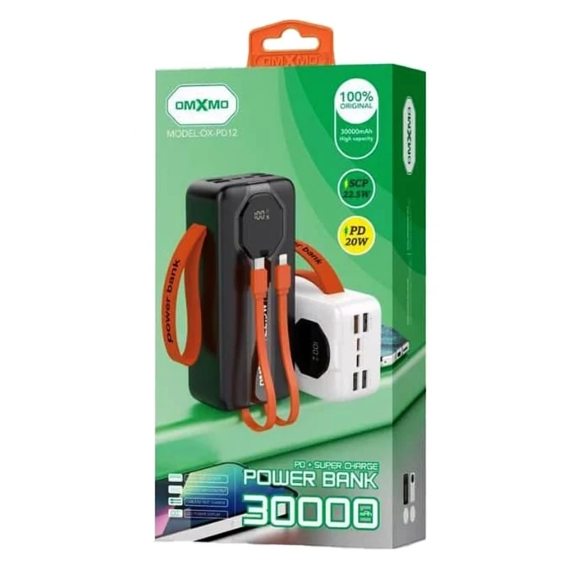 پاوربانک 30000 مدل موکسوم OMXMOصد درصد اوجینال مانیتور دارسوپر فست شارژ و کابل دار 22/5 وات