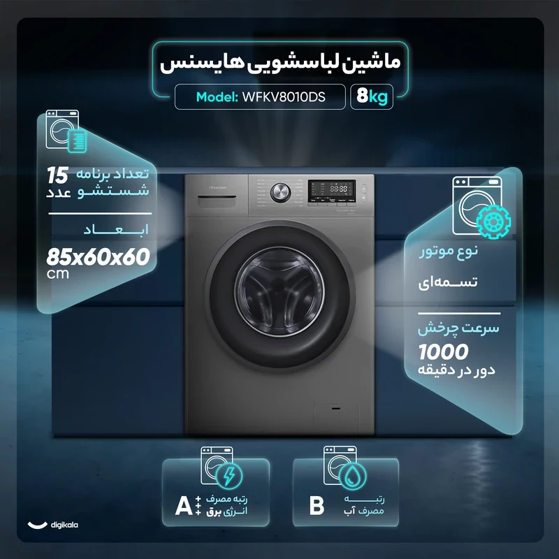 ماشین لباسشویی 8 کیلوگرم اتوماتیک هایسنس مدل WFKV8010DS (پس کرایه)