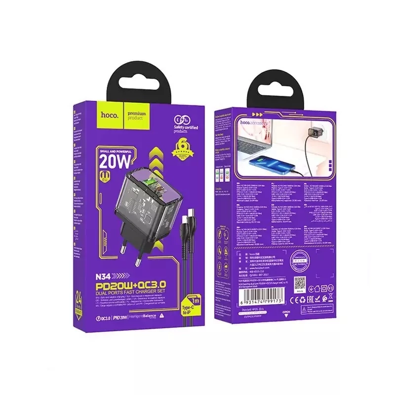 شارژر دیواری 20 وات هوکو مدل N34 PD به همراه کابل تبدیل لایتنینگ با 6 ماه گارانتی 