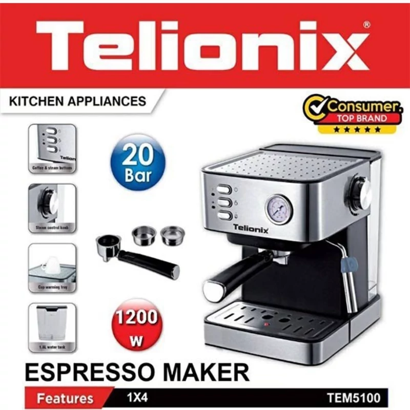 اسپرسو ساز 20 بار و 1200 وات کیفیت عالی تلیونیکس مدل 5100


