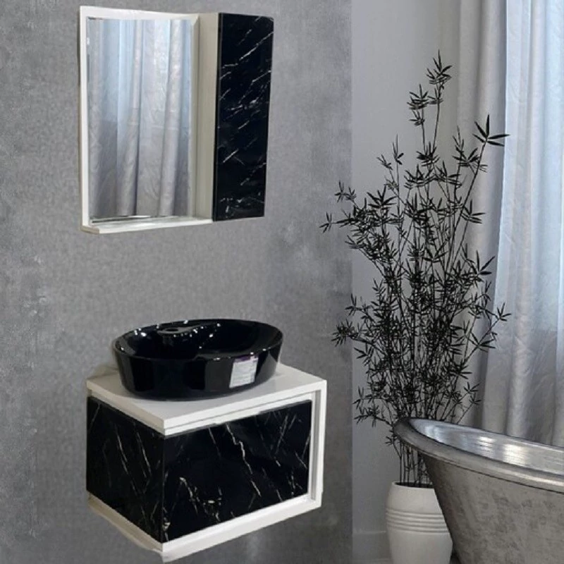 فول ست دیواری مشکی سفید با سنگ بیضی مشکی مدل 7020 روشویی کابینتی سنگ آینه باکس